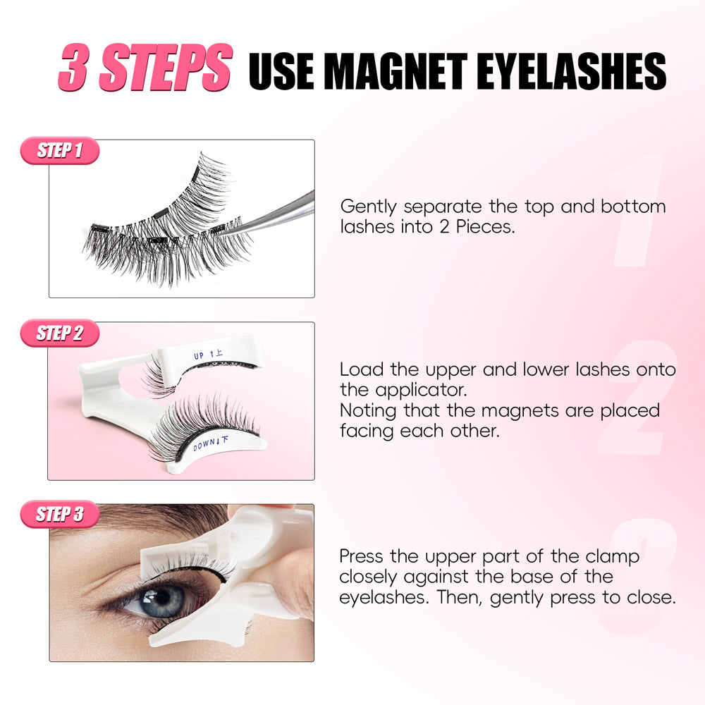 Magnetic Eyelashes Kit - (3 Eyelashes Pairs + Eyeliner + 1 White Applicator +1 Stick Applicator)