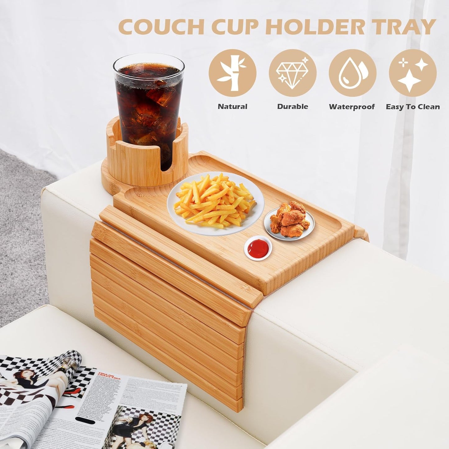 Bamboo Couch Cup Holder Tray